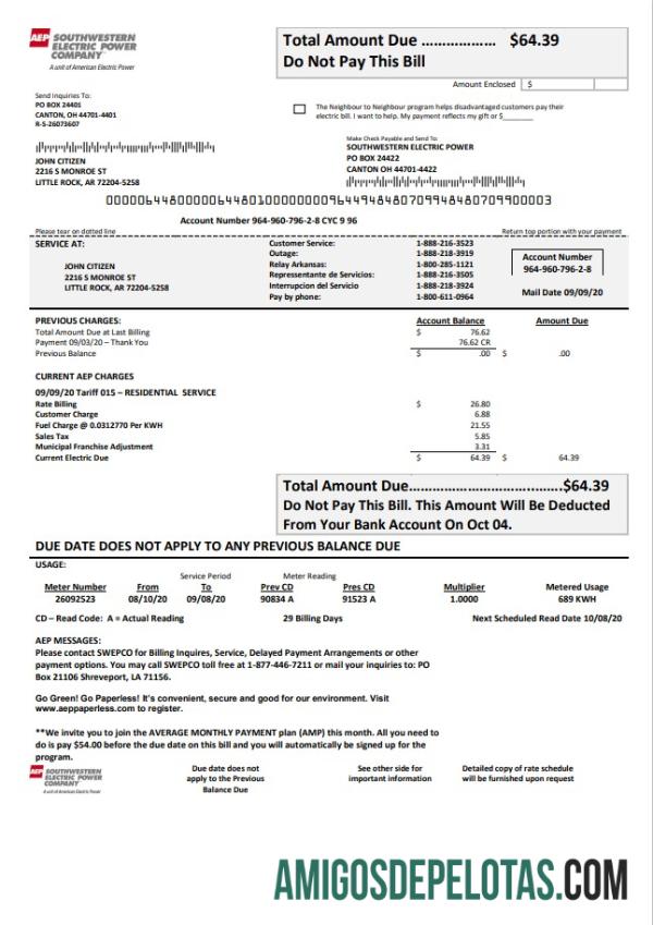 imprimível Modelo de conta de serviços públicos de eletricidade da USA Louisiana AEP (Southwestern Electric Power Company) em formato Word e PDF